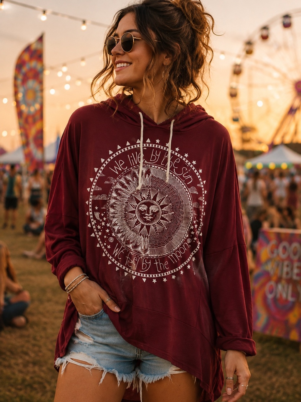 French Pastry Maroon Sun & Moon Graphic Tee Hoodie
